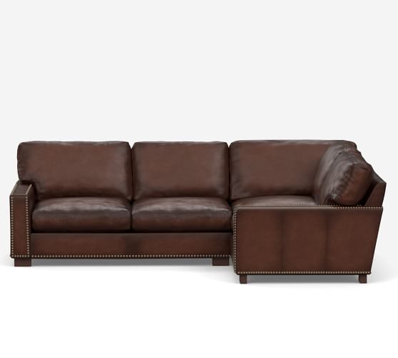Turner Square Arm Leather 3 Piece, Leather Nailhead Sectional