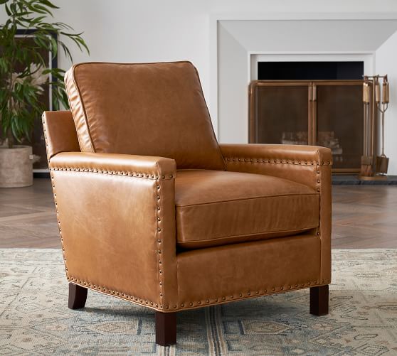 Tyler Leather Square Arm Armchair With, Leather Nailhead Armchair