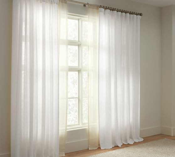 Emery Linen Pinstripe Sheer Curtain, 120 Length Curtains White
