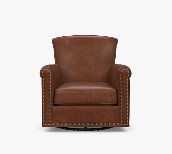 Irving Roll Arm Leather Swivel Glider, Irving Leather Chair With Nailheads