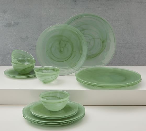 Fused Glass Platter Tableware Ivory Green Black Large Plate 