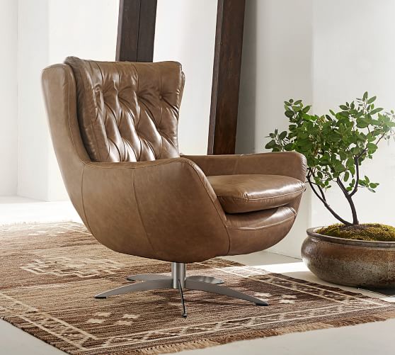 Wells Tufted Leather Swivel Armchair, Camel Leather Swivel Chairs In Living Room