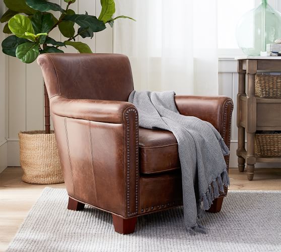 Irving Roll Arm Leather Armchair With, Pottery Barn Armchair Leather