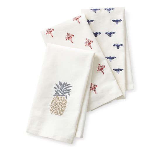 Pottery Barn Embroidered Guest Towels Palm Tree Set Of 2 Ivory Green New 