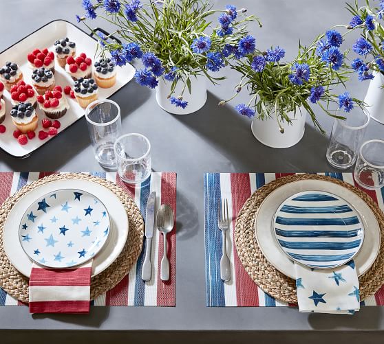 Pottery Barn Set 4 Americana Watercolor Salad Plates Red White Blue Flag Mixed 