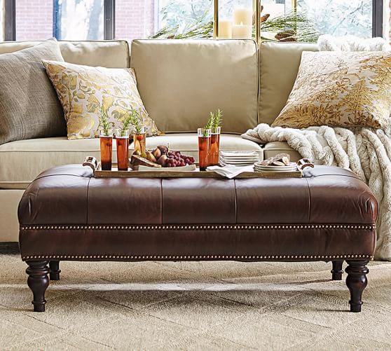 Martin Tufted Leather Ottoman Pottery, Caramel Colored Leather Ottoman
