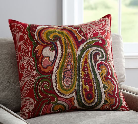 Pottery Barn Sullivan Pillow Cover Red 24 sq Ikat Floral Paisley Embroidered