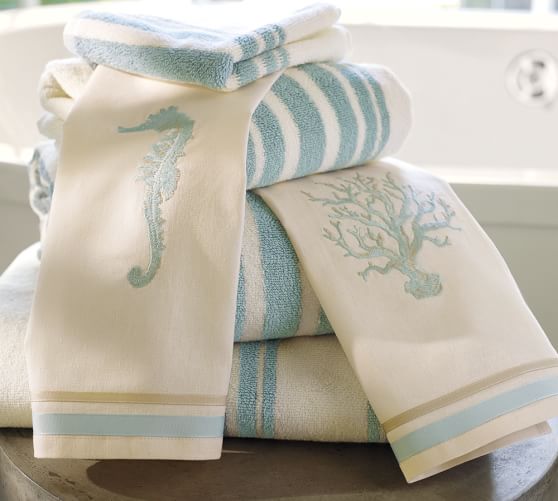 Details about   Pottery Barn Neasa Coastal Linen Guest Towels Set of 2 seashell seahorse natural 
