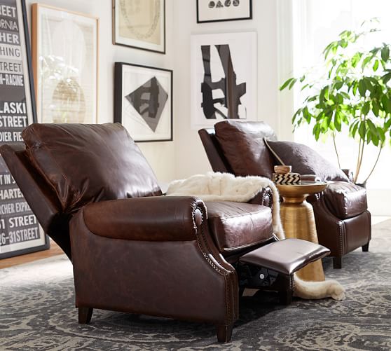 James Roll Arm Leather Recliner With, Brown Leather Swivel Chair Pottery Barn