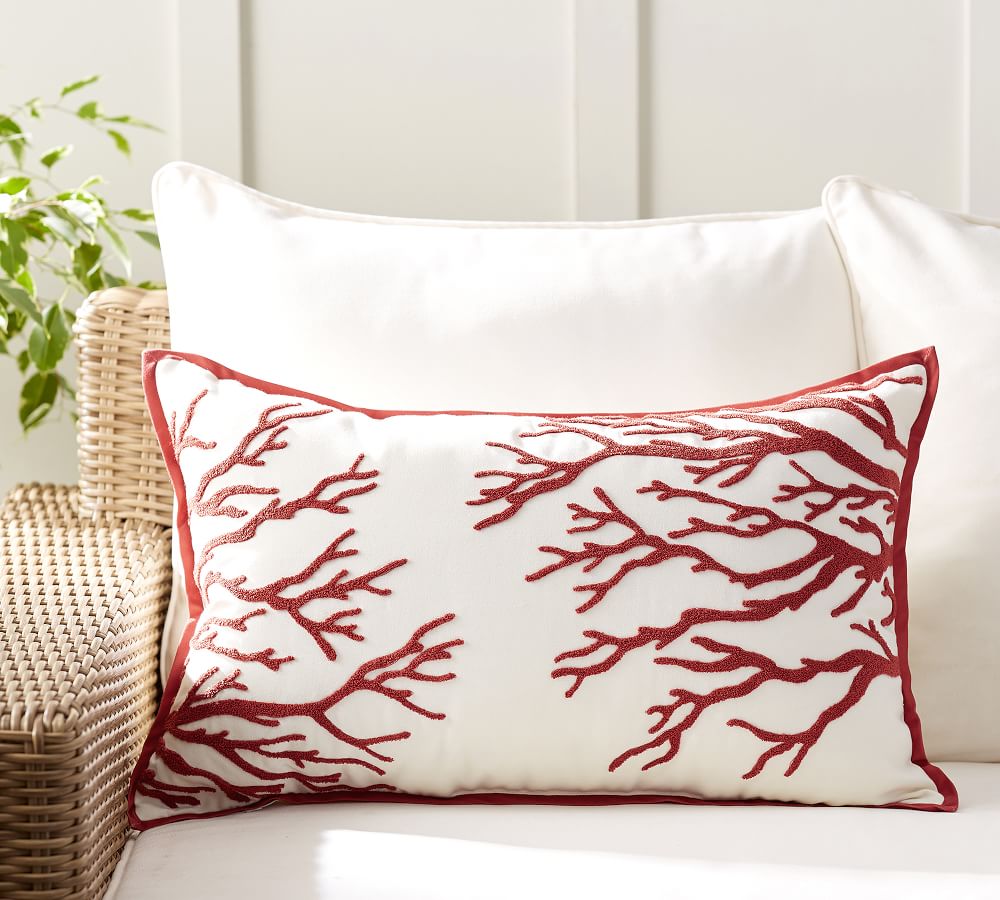 Embroidered Coral Indoor/Outdoor Lumbar Pillow Pottery Barn