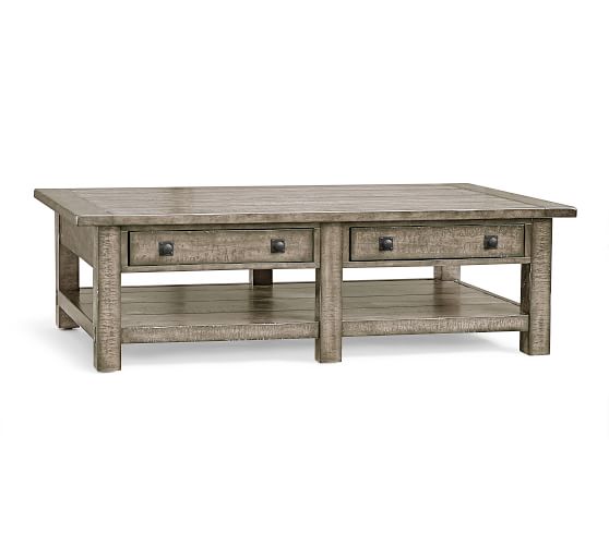 Benchwright 60 Rectangular Coffee, Gray Washed Decorative Carved Wood Coffee Table