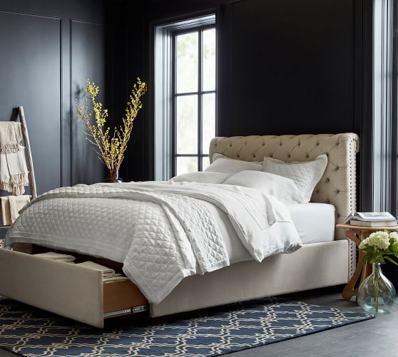 Chesterfield Tufted Upholstered, Pottery Barn Platform Bed With Storage Headboard