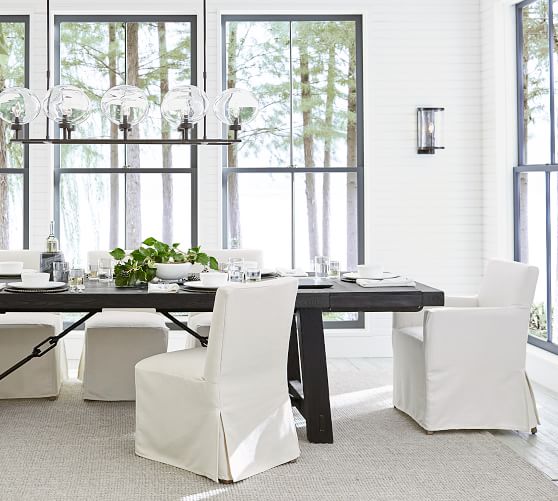 Long Slipcovered Dining Armchair, Dining Room Chairs With Arms Slipcovers