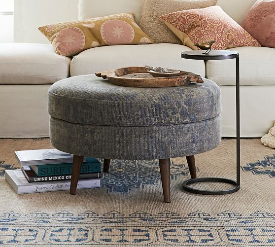 Jade Upholstered Round Ottoman, Round Ottoman Living Room
