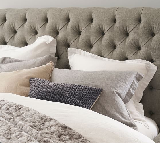 Chesterfield Tufted Upholstered, Grey Pin Cushion Headboard