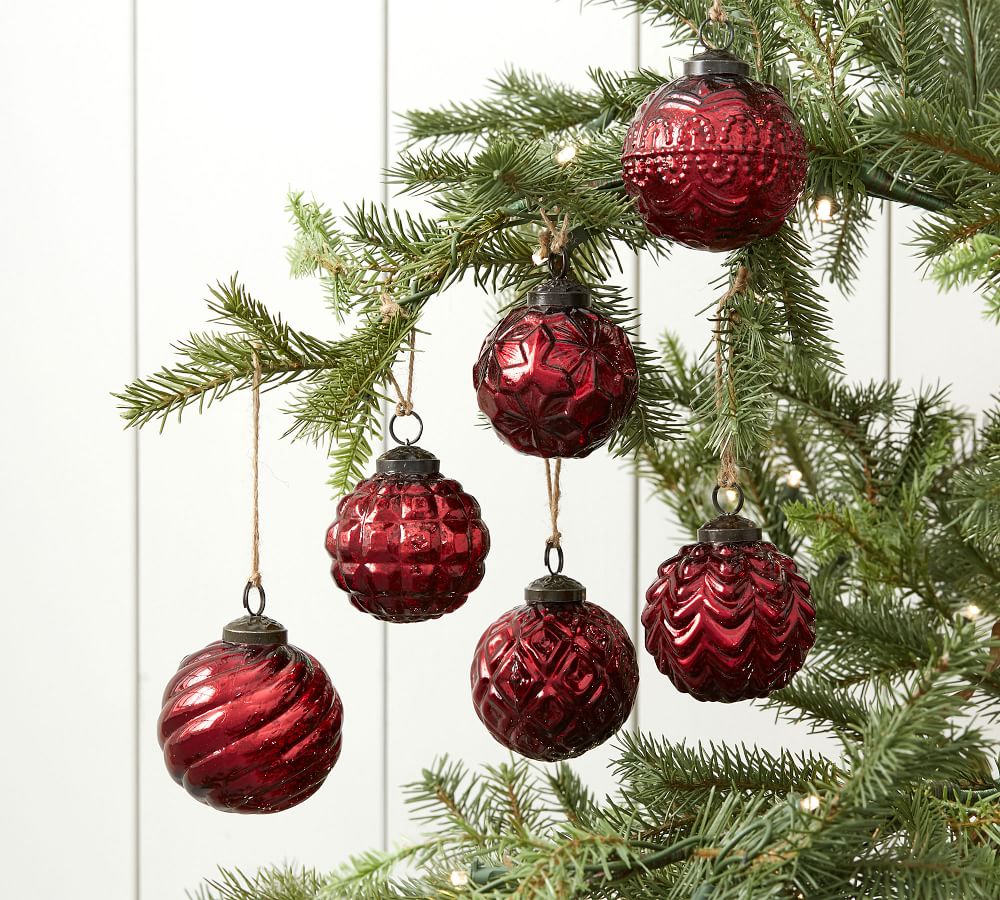 Mercury Glass Adorned Ornaments Set Of 6 - Red | Pottery Barn