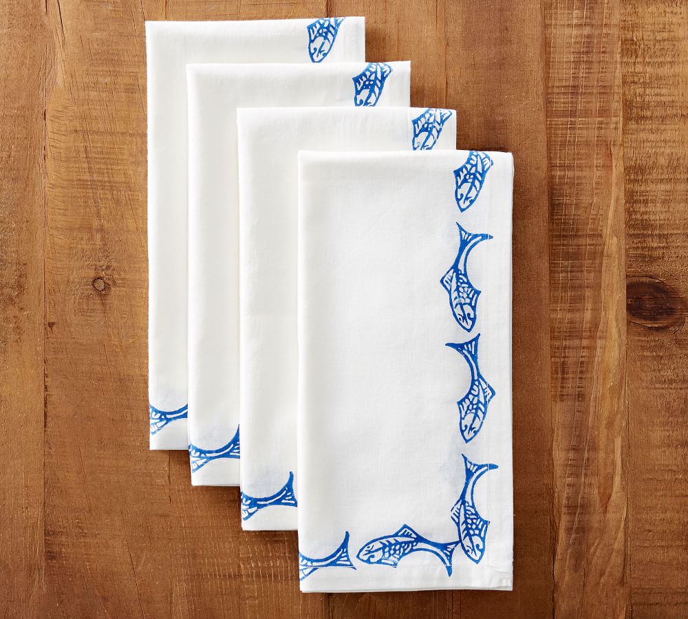 Pottery Barn Blue Summer Fish Cotton Dinner Table Napkins Set of 4 New 