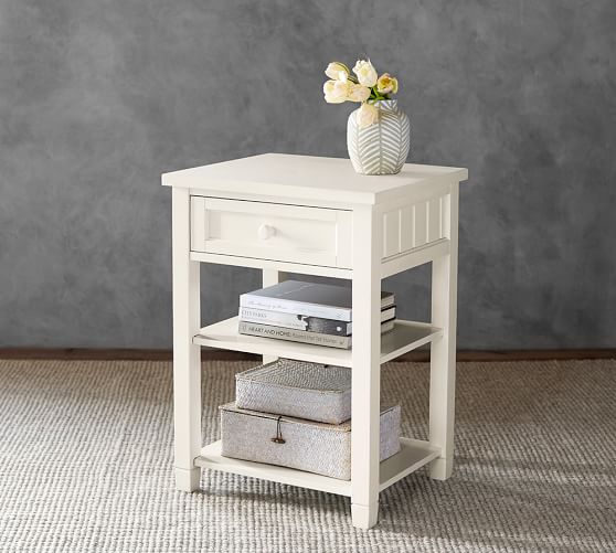 White beadboard shabby Wood cabinet drawer bedside bath side table nightstand 