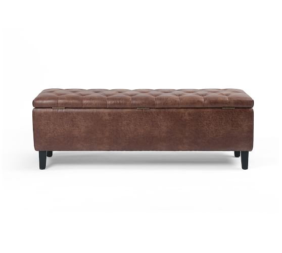 Jay Tufted Leather Storage Bench, Long Leather Storage Bench