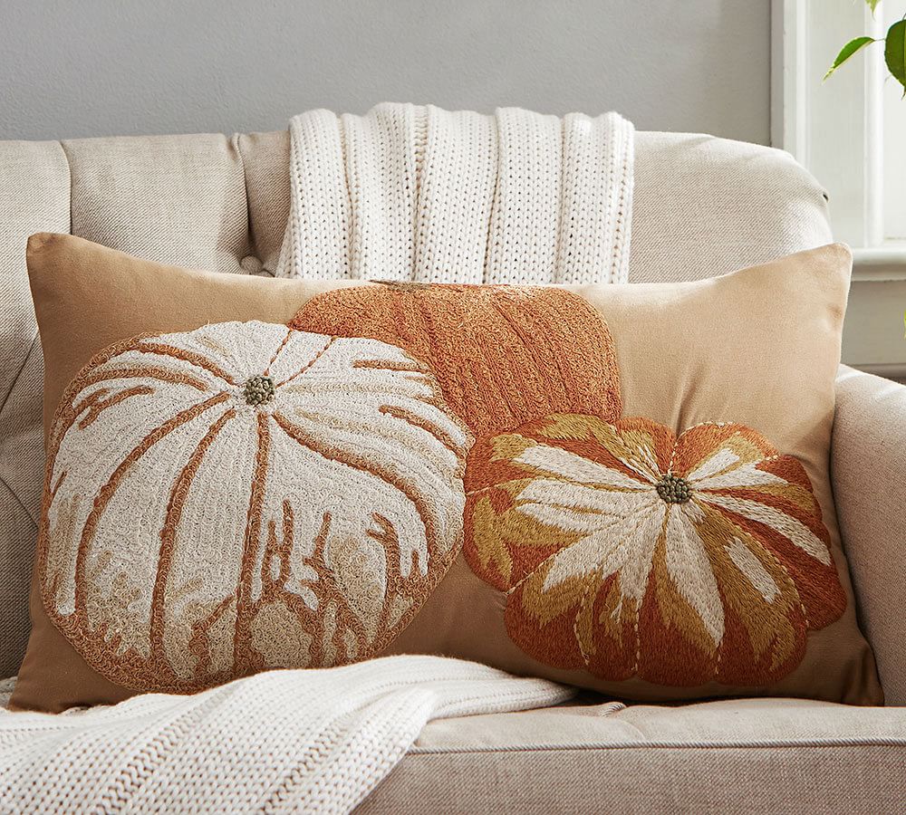 NWT Pottery Barn Thanksgiving Fall PUMPKIN PATCH Embroidered Lumbar Pillow Cover 
