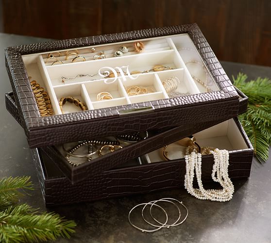 McKenna Leather Stacking Clear Top Jewelry Box | Pottery Barn
