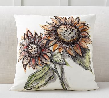 NEW Pottery Barn Sunflower Appliqué Embroidered Spring Botanical Pillow 20" NWT