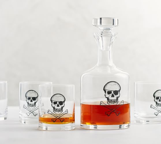 Pottery Barn Skull & Crossbone Double Old Fashioned Glass Set 4 pirate Halloween