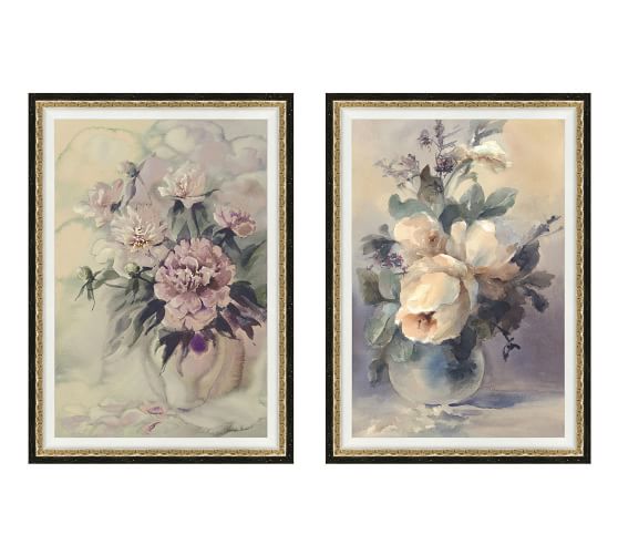 WHITE  PURPLE FLOWERS  DRAWN CHARCOAL SOFT  PASTEL RE PRINT ON FRAMED CANVAS 