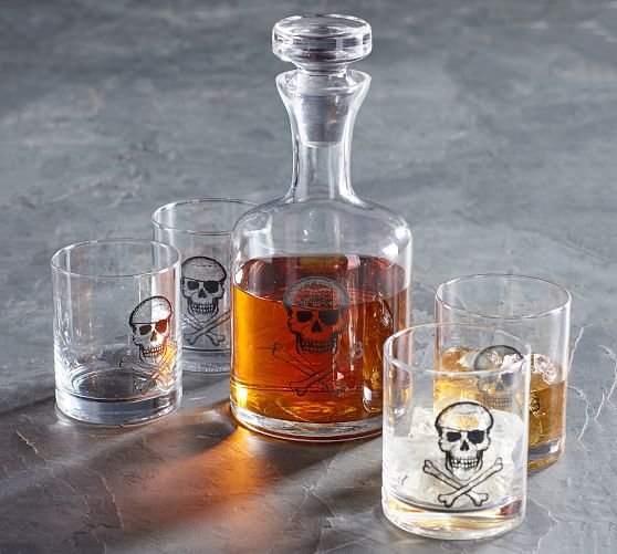 Pottery Barn Skull & Crossbone Double Old Fashioned Glass Set 4 pirate Halloween