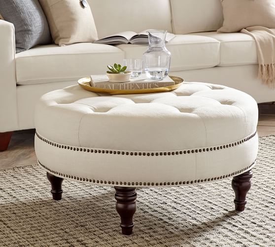 Martin Upholstered Round Ottoman, Fabric Ottoman Coffee Table Round