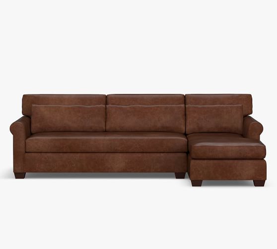 York Roll Arm Deep Seat Leather Chaise, Deep Seat Brown Leather Sectional
