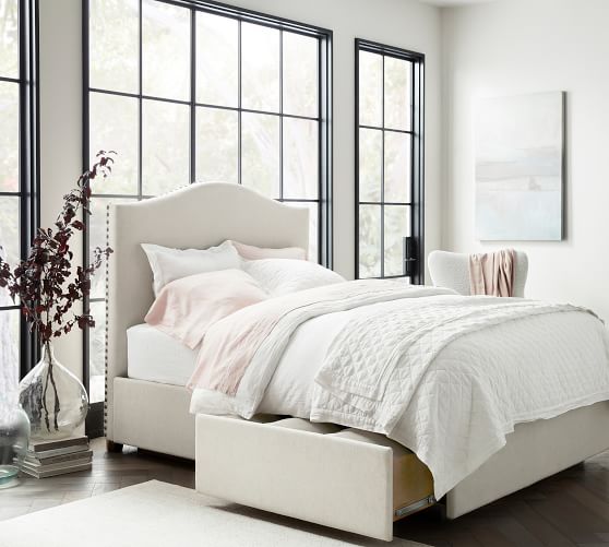 Raleigh Curved Upholstered Tall Side, Queen Platform Bed With Storage On One Side