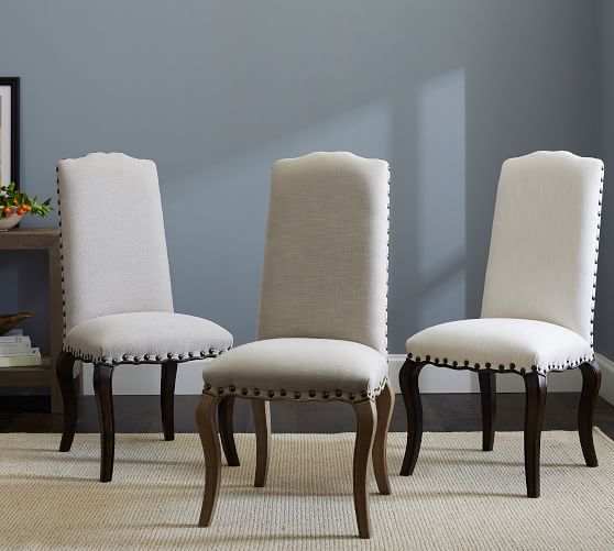 Calais Upholstered Dining Chair, Grey Linen Nailhead Dining Chairs