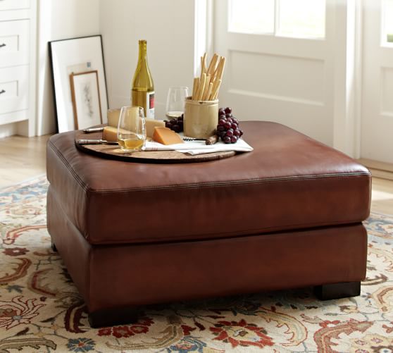 Turner Leather Ottoman Pottery Barn, Caramel Colored Leather Ottoman
