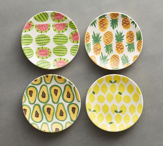 Vintage Luncheon plates have orchard fruit pattern made in Japan, Williams Sonoma Salad Plates in Fruit and Berries Pattern Green Rim