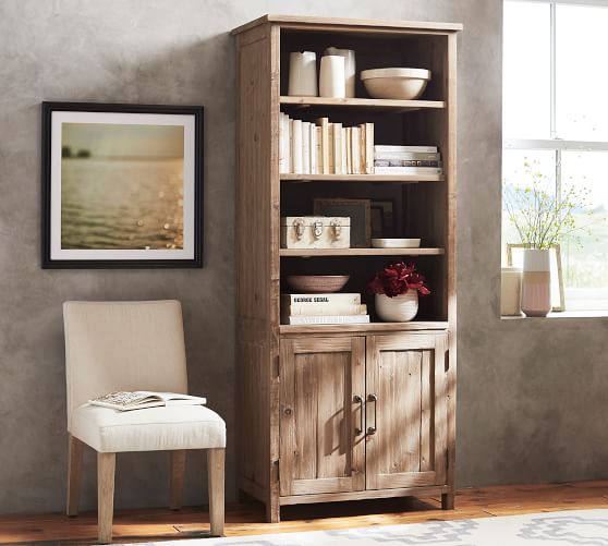 Reclaimed Wood Bookcase Pottery Barn, Distressed Wood Bookcase With Doors