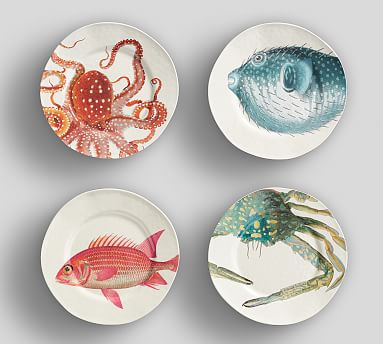 set of 4 New with netting. Pottery Barn Sea Life Critter Melamine Salad Plates 