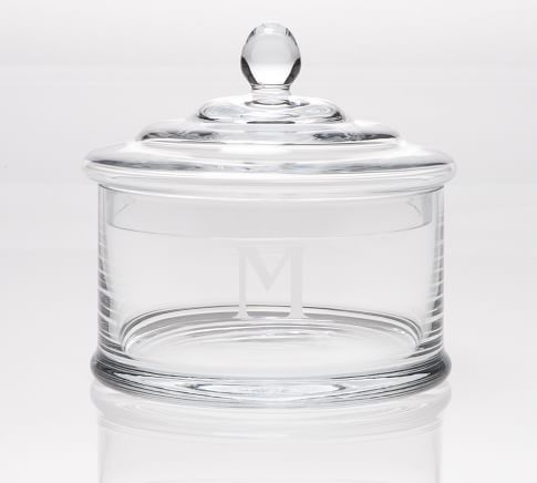 Pottery Barn Voluminous Storage Canister Jar Glass Etched M Small Lid Kitchen
