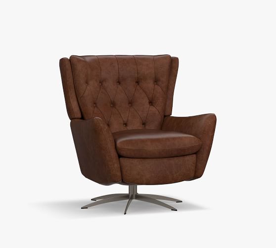 Wells Tufted Leather Swivel Recliner, Brown Leather Swivel Recliner Chair