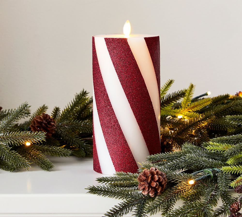 Premium Flickering Flameless Wax Pillar Candles - Candy Stripe ...