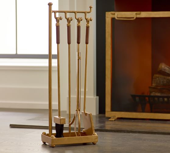 Industrial 5 Piece Fireplace Tool Set, Brass Fireplace Tool Kit