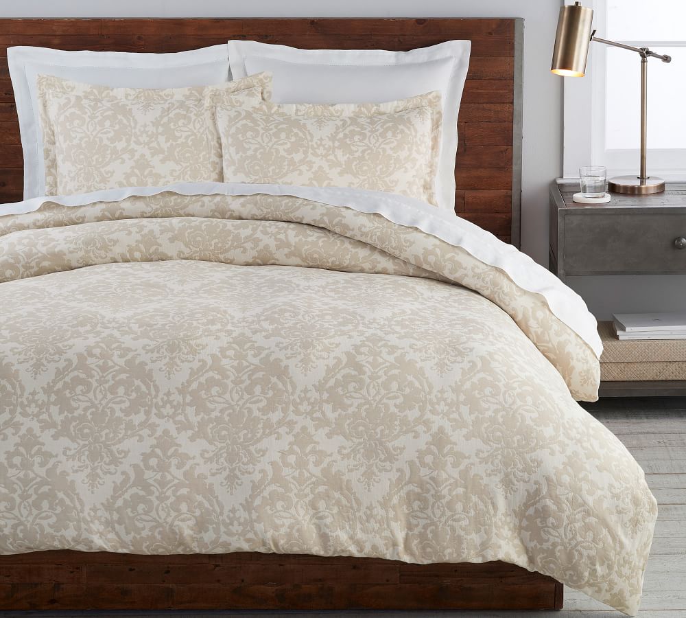 100% Cotton Jacquard Floral Design Duvet Cover Set in Linen Beige King Size Bed
