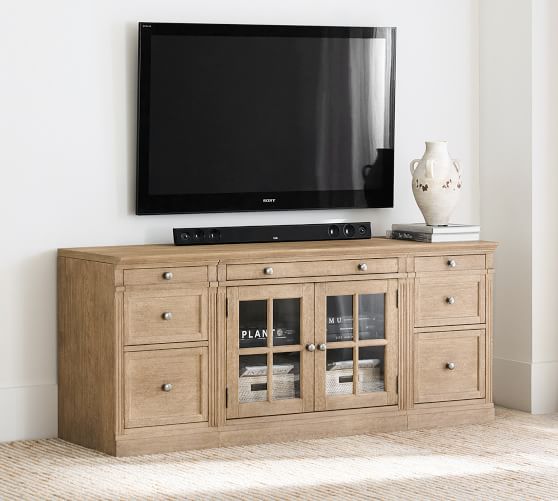 Console Table Sofa Media TV Stand Shelving Oak Finish Rustic Pewter Knobs 