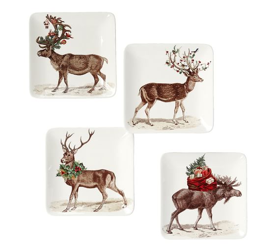 Details about   4 Four Pottery Barn Deer In Snow Reindeer Pine Trees Salad Plates 