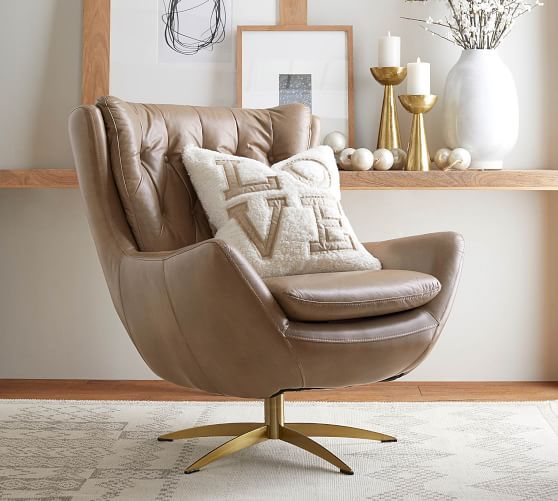 Wells Tufted Leather Swivel Armchair, Camel Leather Swivel Chairs In Living Room