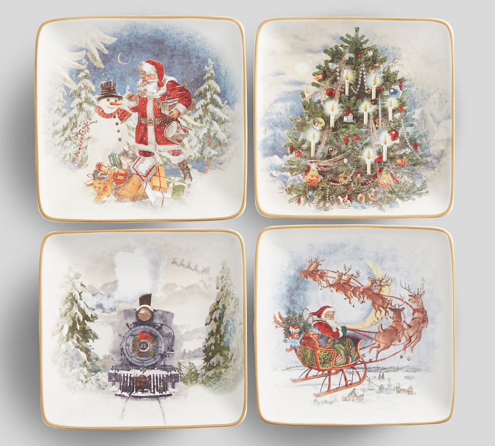 NIB Pottery Barn Vintage Christmas Tree Mixed Set/4 Appetizer Plates 