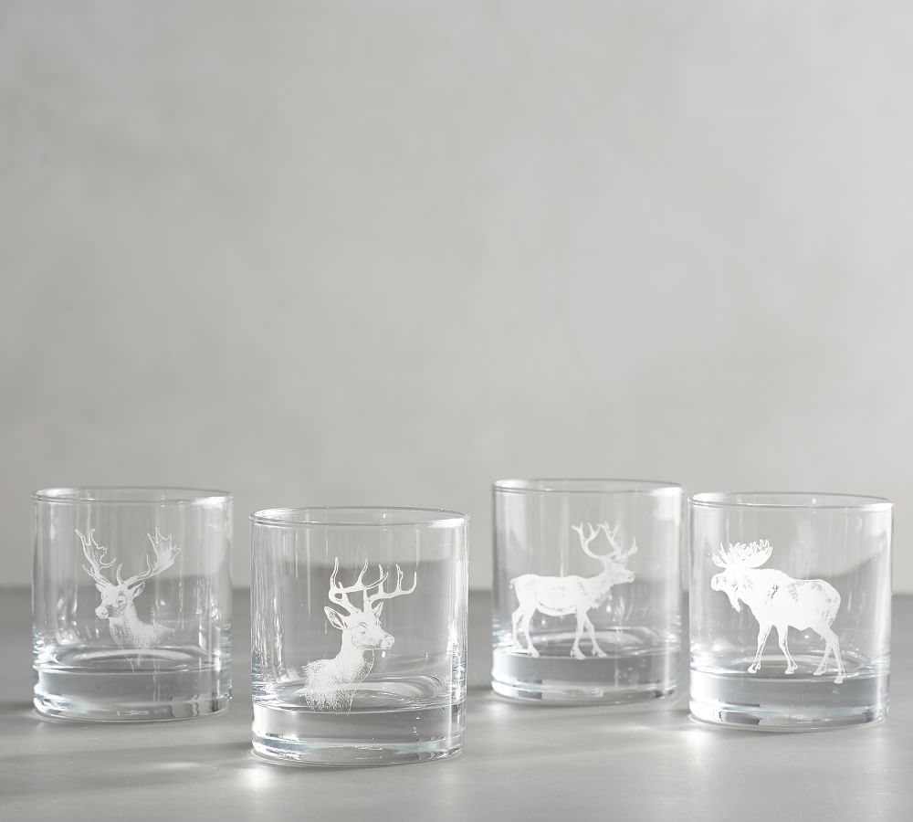 Pottery Barn La Rochere Stag Double Old Fashioned Glasses Deer Christmas Set 6