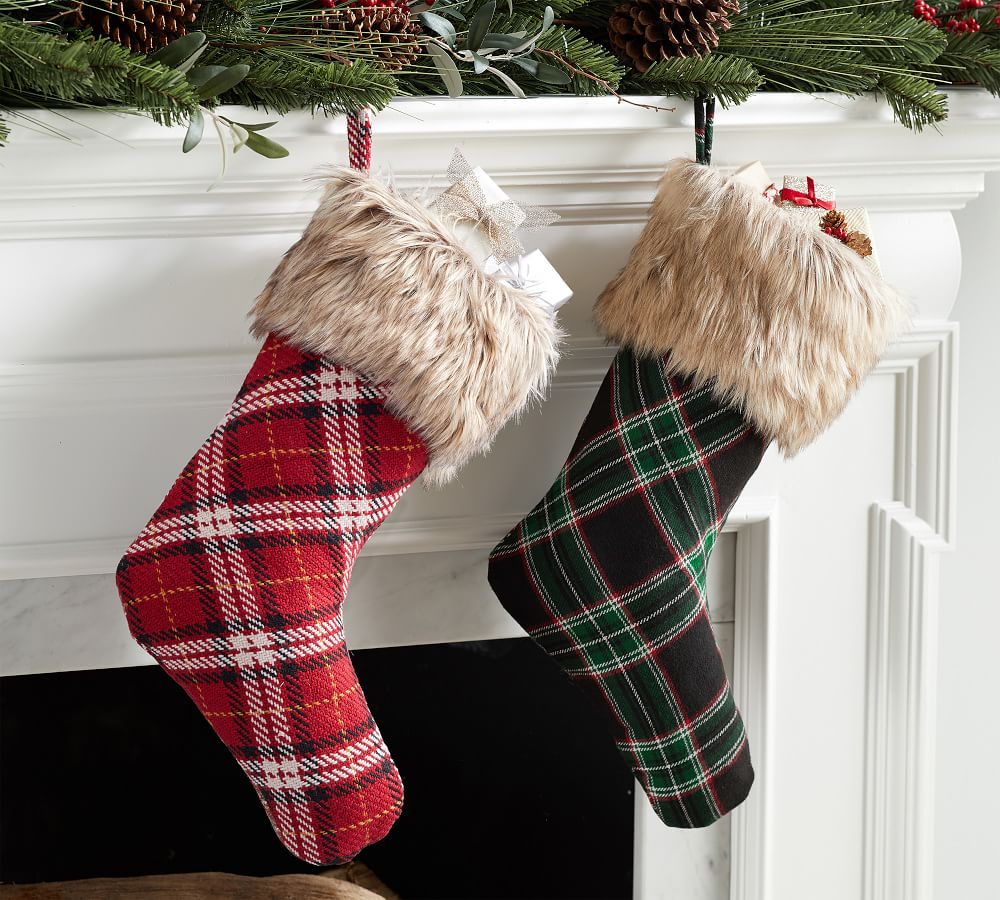 Plaid Stockings with Faux Fur Cuff choose Either Red Or Green Plaid 