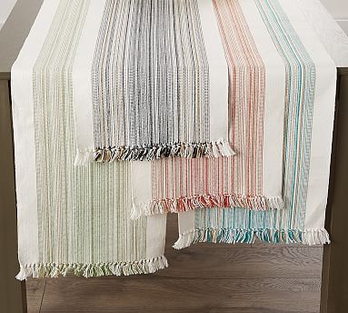 Multi Colored Patterned Striped Table Runner or Scarf with Bright Fringe Shelf Accent Summery Pink Aqua Blue White Handwoven Fashion