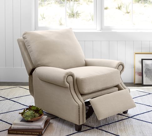 James Roll Arm Leather Recliner with Nailheads | Pottery Barn